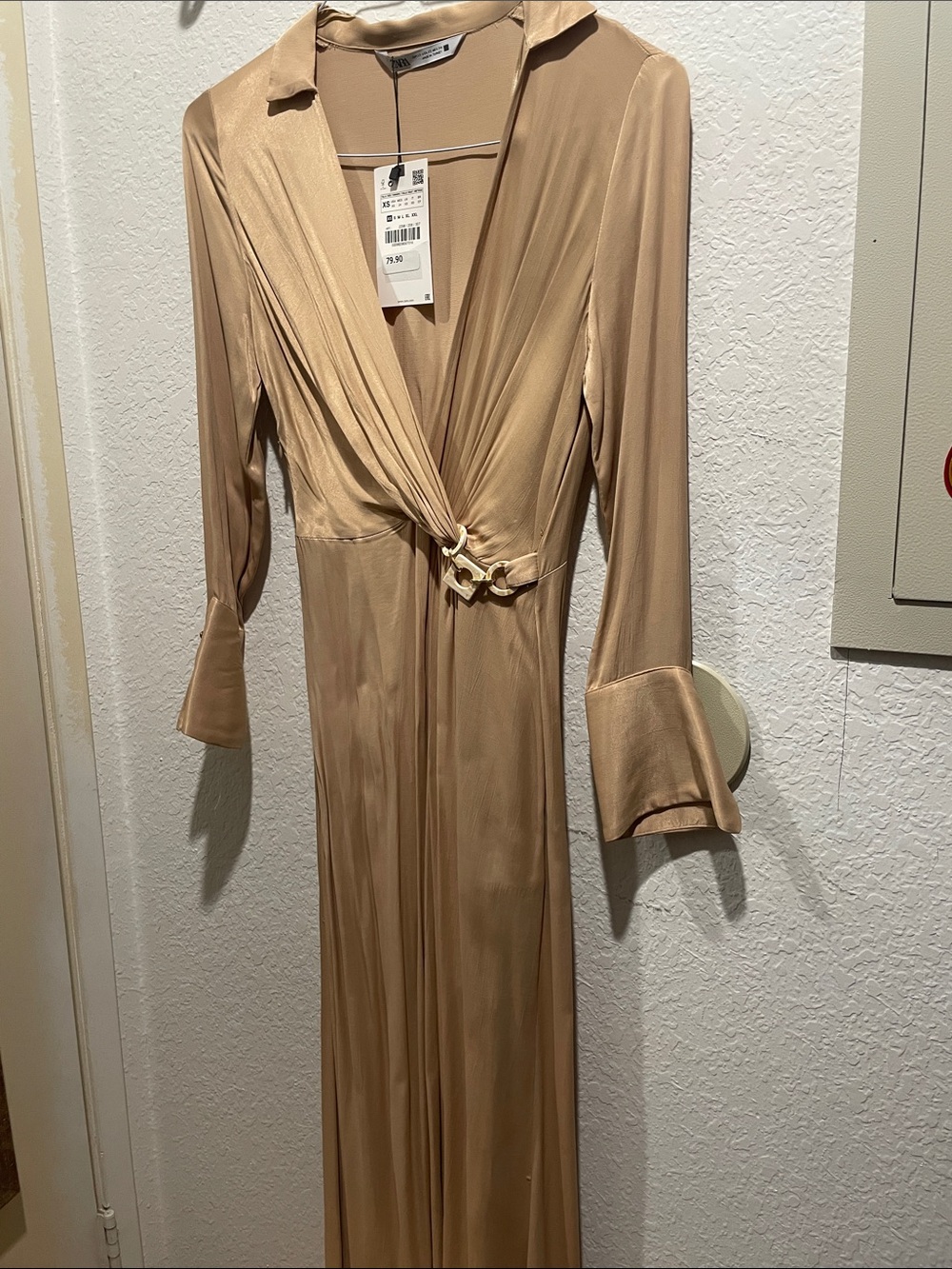 Zara Long-Sleeve Satin Wrap Maxi Dress in Beige